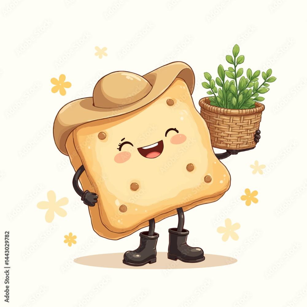 Happy Cracker Cartoon with Cowboy Hat Holding Potted Plant