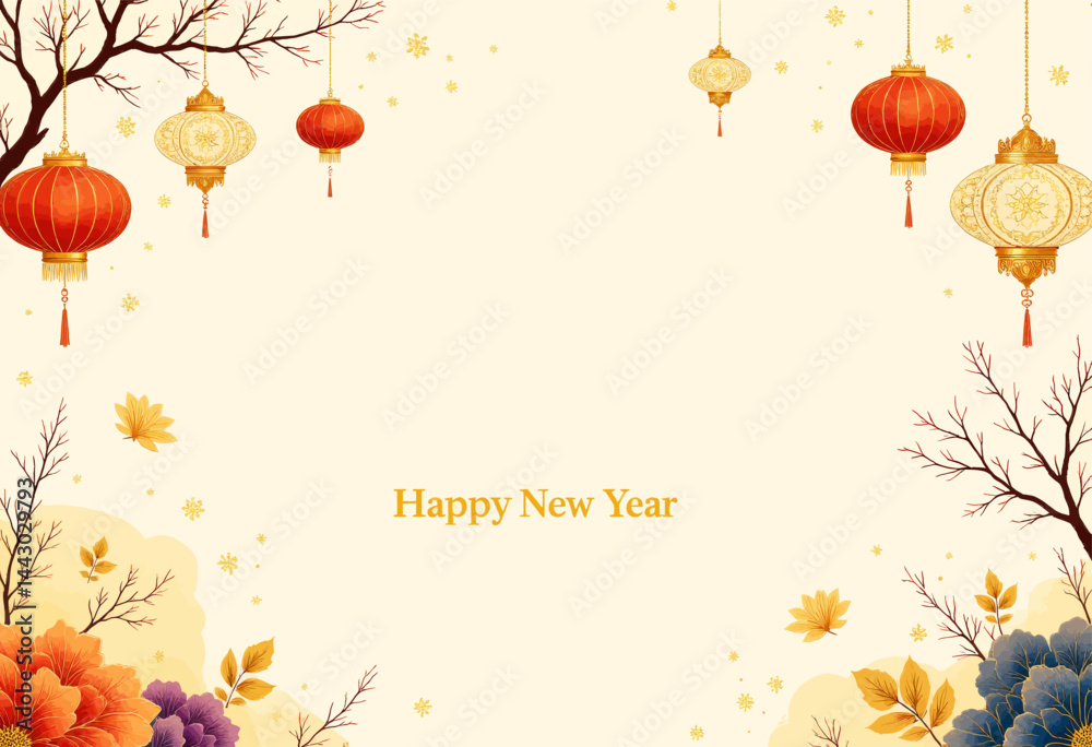 Happy New Year with Lanterns and Floral Border