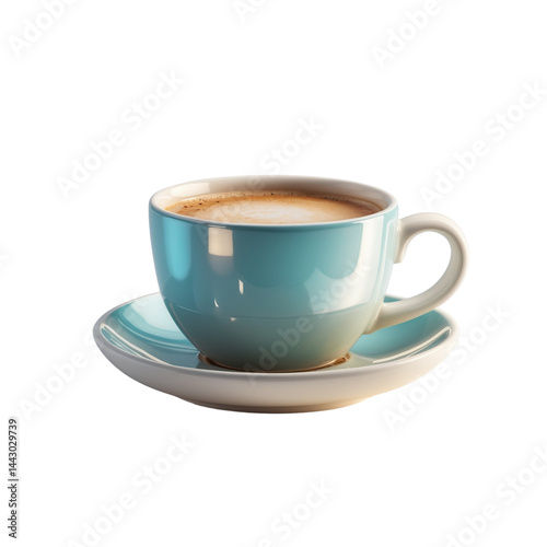 Stylish light blue coffee cup with saucer on white background, ideal for café branding, beverage ads, or lifestyle mockups