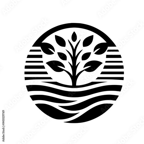 Abstract Environmental Symbol: Tree in Circle with Waves and Lines, Minimalist Black and White Graphic Icon