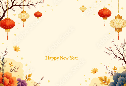 Obraz na płótnie Happy New Year with Lanterns and Floral Border w salonie