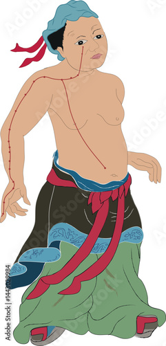 Chinese medicine, woman's health with acupuncture lines on body vector illustration. Chinese art of healing, needles accupuncture.
