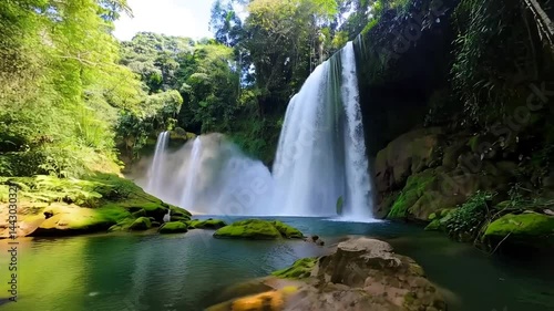 Pulhapanzak waterfall cascading into the turquoise pool in honduras rainforest jungle