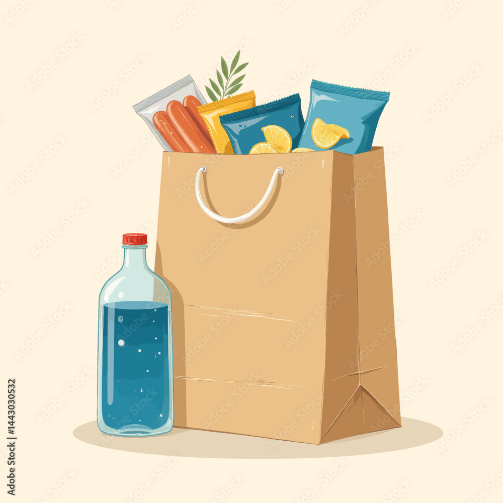 Groceries in paper bag with chips, hotdogs, and blue drink