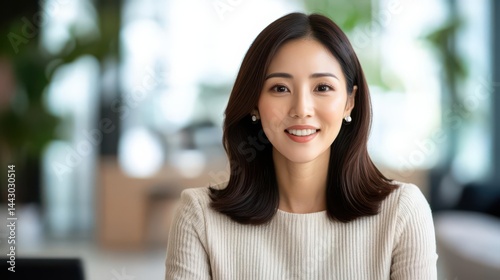 Successful Asian businesswoman answering questions in a video conference