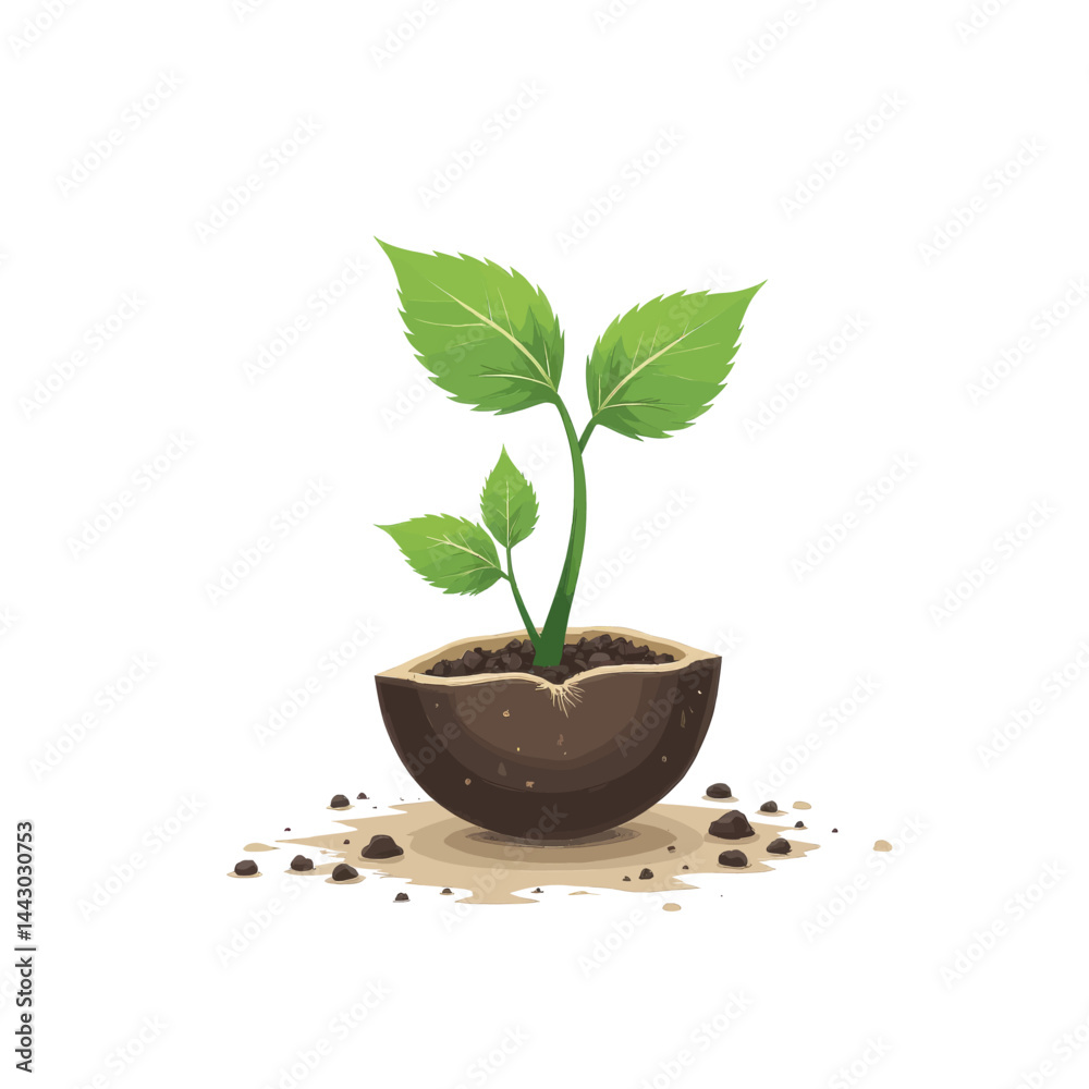 Green sprout growing in a halved brown pot on white