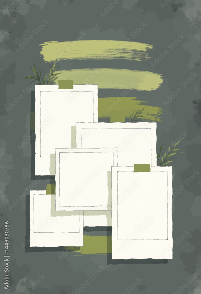 Green-toned photo collage with brush strokes and plant accents