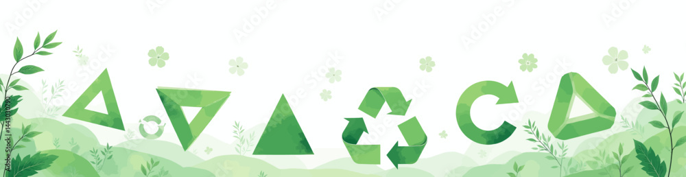 Green Recycle Symbol with Triangle Shapes and Floral Accents