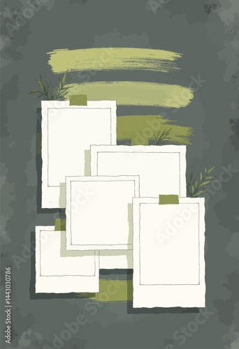 Obraz na płótnie Green-toned photo collage with brush strokes and plant accents w salonie