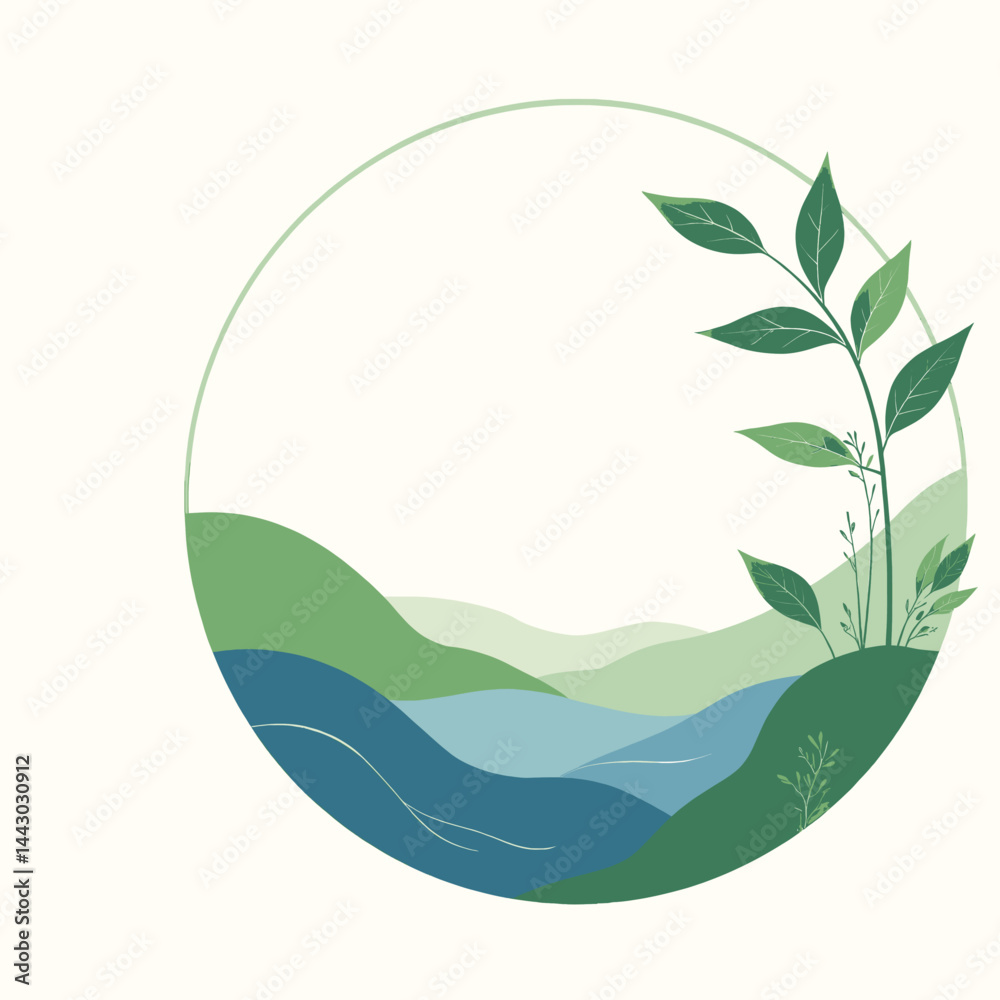 Green Landscape Circle Frame with Plant Accent