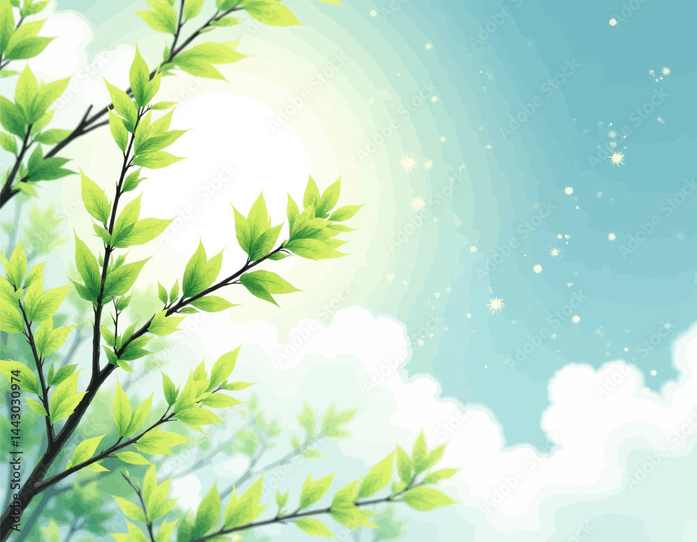 Green leaves against a dreamy blue sky with sparkles