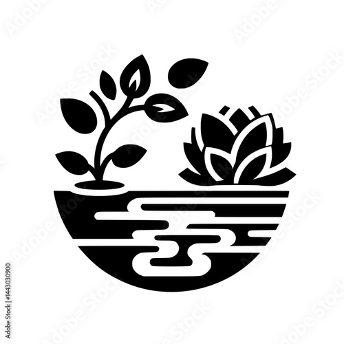 Minimalist Black and White Nature Graphic: Stylized Plant, Lotus, and Water Waves in a Circular Design
