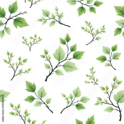 Green leaves and branches seamless pattern on white