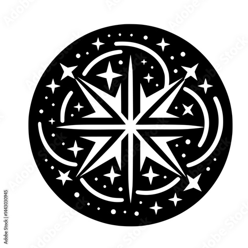 Stylized Star Compass Symbol Black and White Graphic Vector Icon with Celestial Elements for Navigation, Guide, Astronomy Design