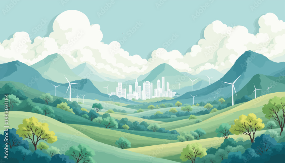 Green Hills, Wind Turbines, and Distant City Skyline