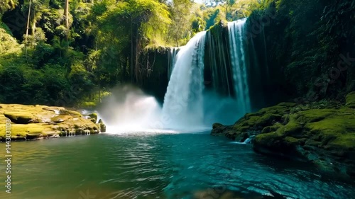 Beautiful waterfall cascading into tropical river with lush green forest surroundings