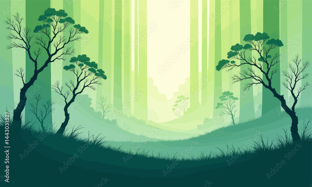Green Forest Silhouette with Fog and Tall Trees
