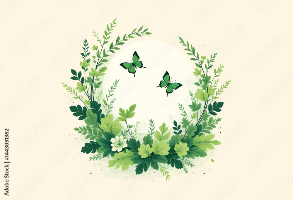 Green Butterflies and Foliage Wreath Design
