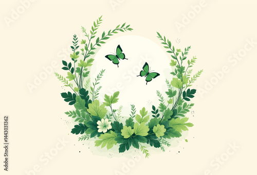 Obraz na płótnie Green Butterflies and Foliage Wreath Design w salonie