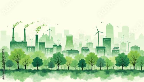 Green Cityscape with Wind Turbines and Trees