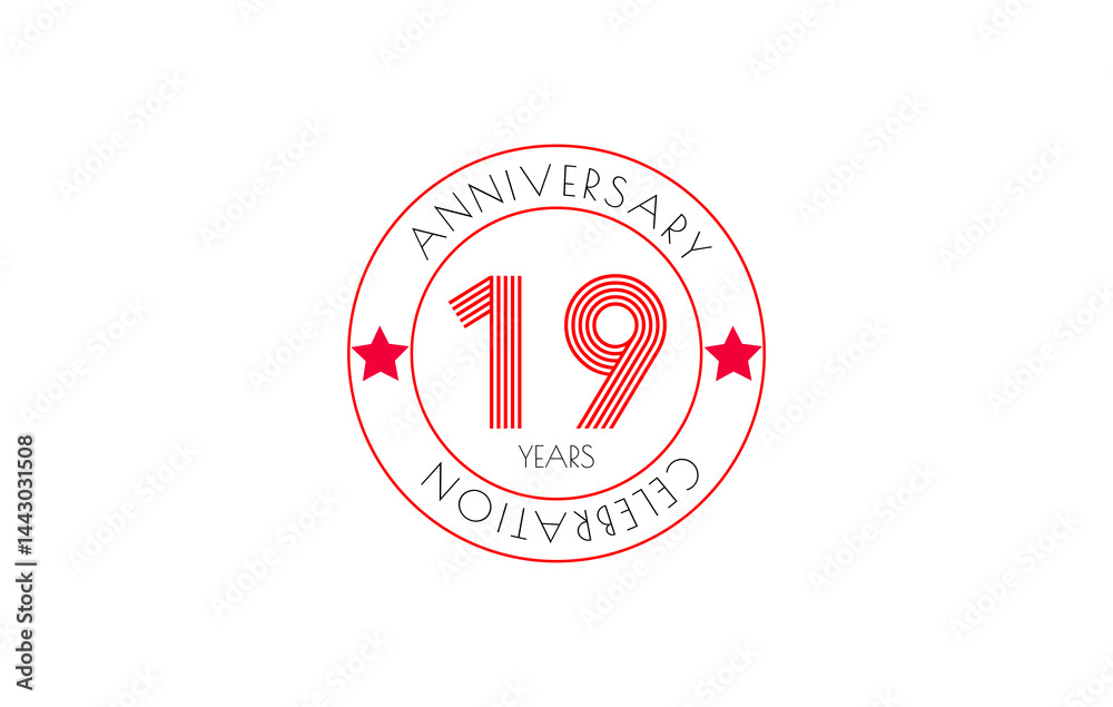A vibrant emblem marks a nineteen-year anniversary with bold stripes and celebratory style. Red stars highlight the occasion. A vibrant emblem marks a nineteen-year anniversary with bold stripes and celebratory style. Red stars highlight the occasion.