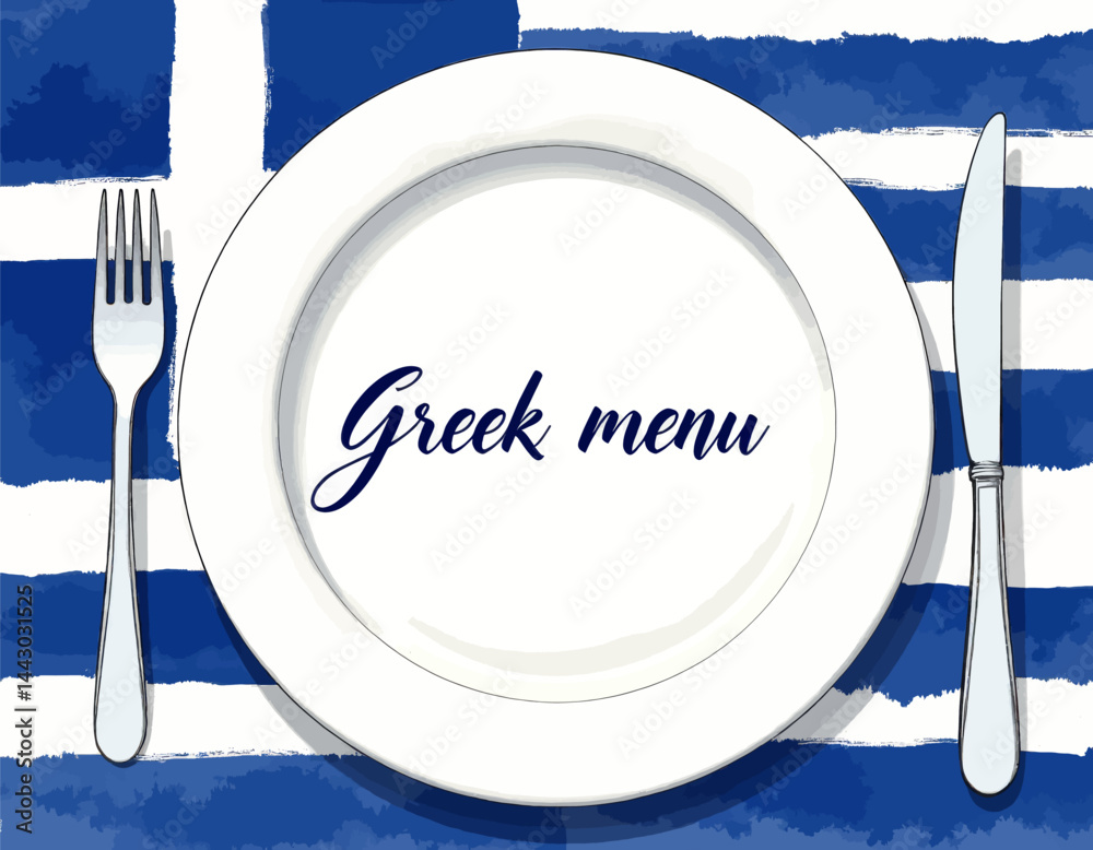 Greek Menu Concept with Plate, Fork, and Knife on Flag Background