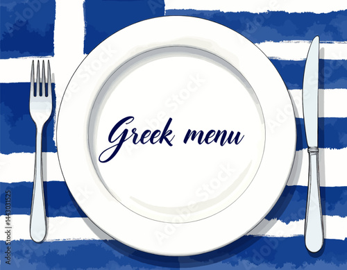 Obraz na płótnie Greek Menu Concept with Plate, Fork, and Knife on Flag Background w salonie