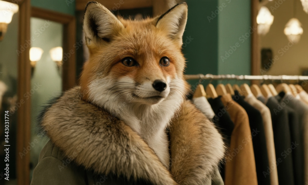 A curious fox standing next to a rack of clothes, possibly searching for something to wear