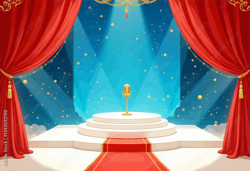 Golden Microphone on Stage with Red Curtains and Stars