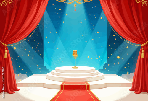Obraz na płótnie Golden Microphone on Stage with Red Curtains and Stars w salonie