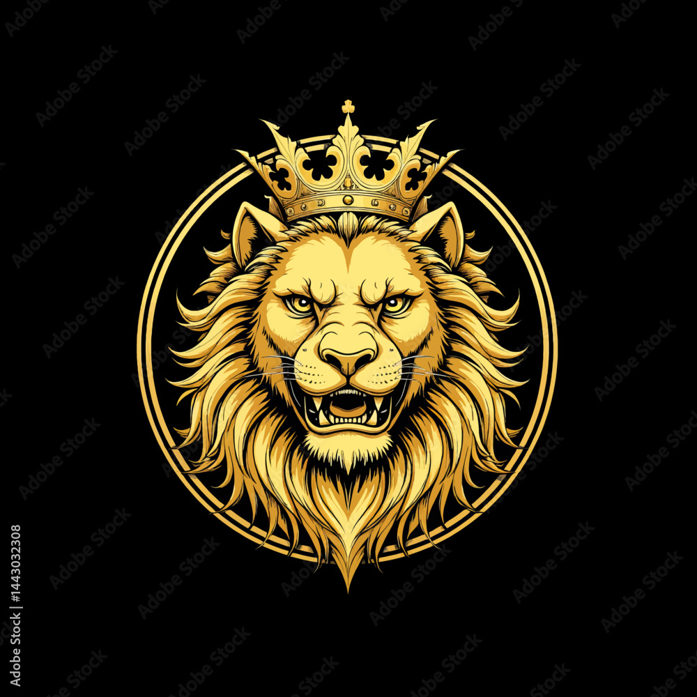 Golden Lion Head with Crown in Circle Frame