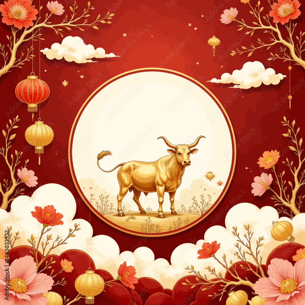 Golden Ox Lunar New Year Frame with Lanterns and Flowers