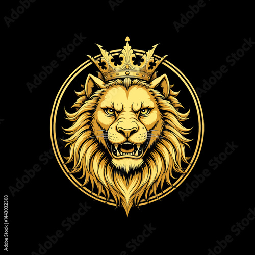 Obraz na płótnie Golden Lion Head with Crown in Circle Frame w salonie