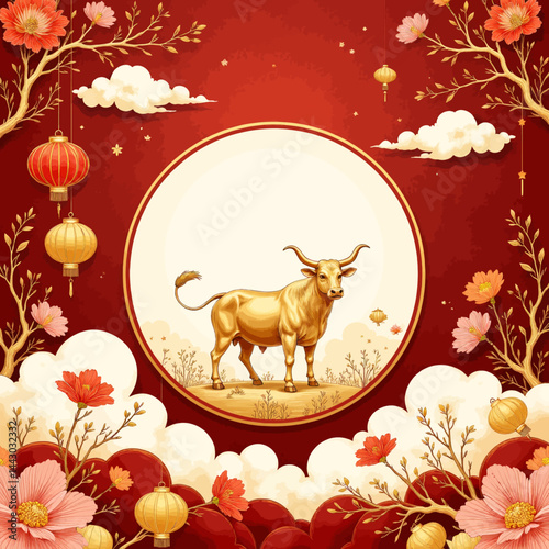 Obraz na płótnie Golden Ox Lunar New Year Frame with Lanterns and Flowers w salonie