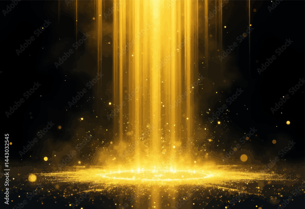 Golden light beams with sparkling dust on black