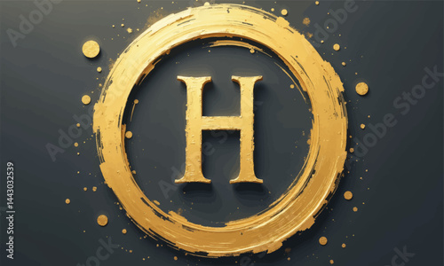 Obraz na płótnie Golden Letter H in Brushstroke Circle on Dark Gray w salonie