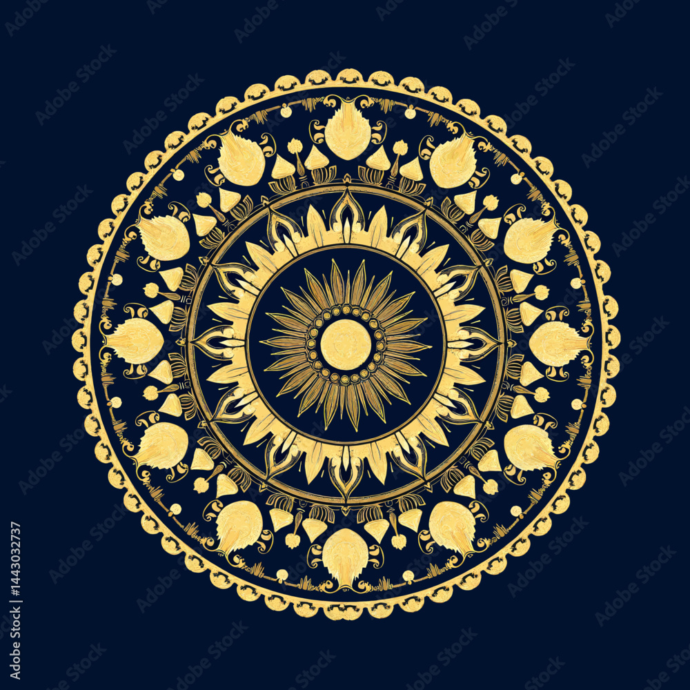 Golden mandala on dark blue background