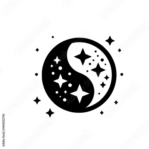 Minimalist Cosmic Starry Yin Yang Symbol Black and White Illustration