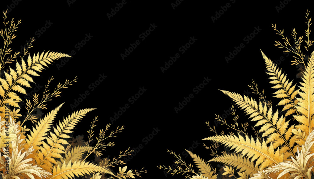 Golden Ferns Frame on Black Background