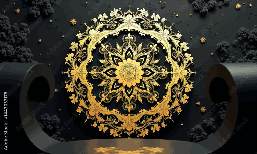Golden Floral Mandala on Textured Black Backdrop