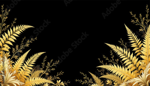 Obraz na płótnie Golden Ferns Frame on Black Background w salonie