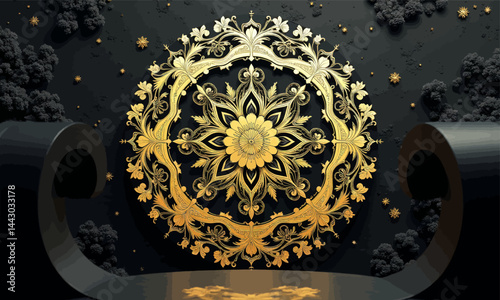Obraz na płótnie Golden Floral Mandala on Textured Black Backdrop w salonie