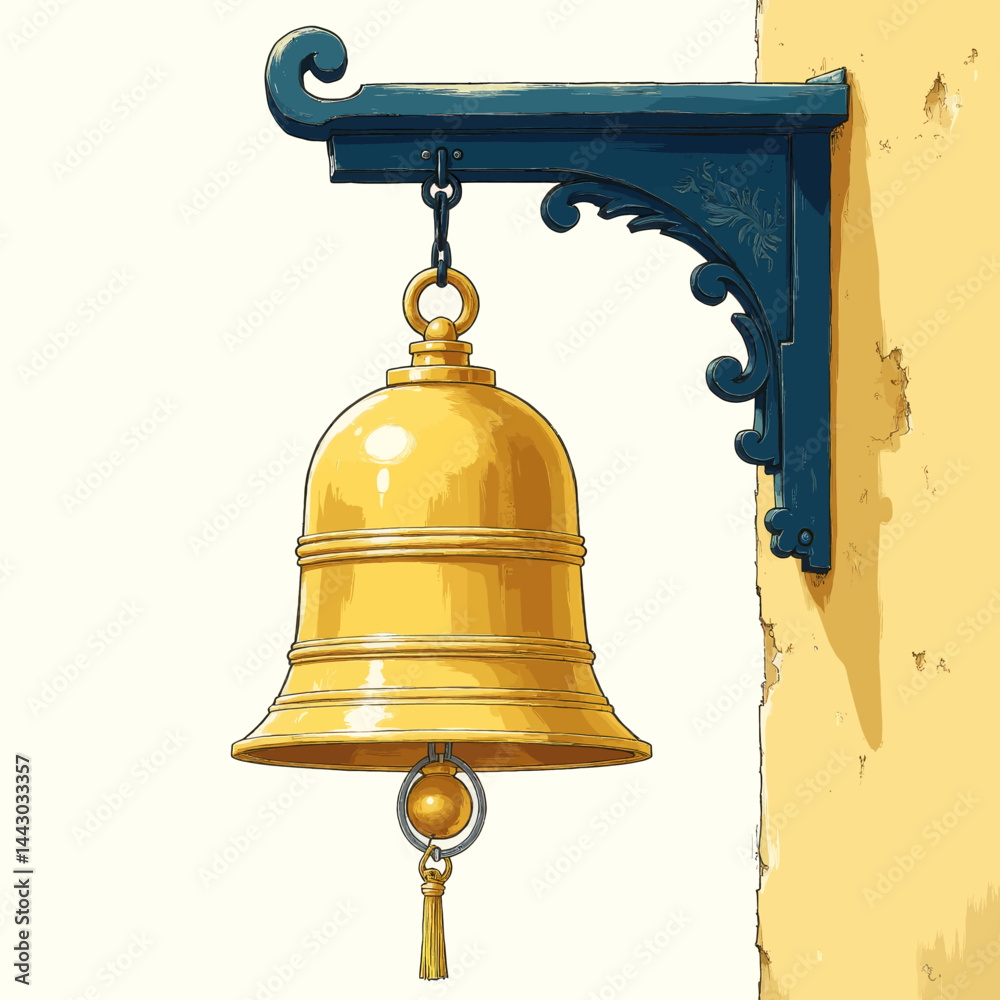 Golden bell with tassel hanging on ornate bracket