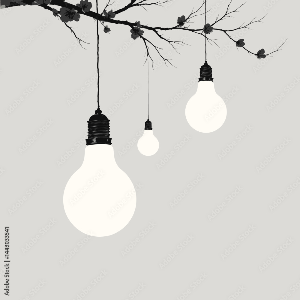 Glowing lightbulbs hang from a blooming branch in grayscale
