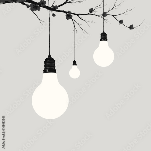 Obraz na płótnie Glowing lightbulbs hang from a blooming branch in grayscale w salonie