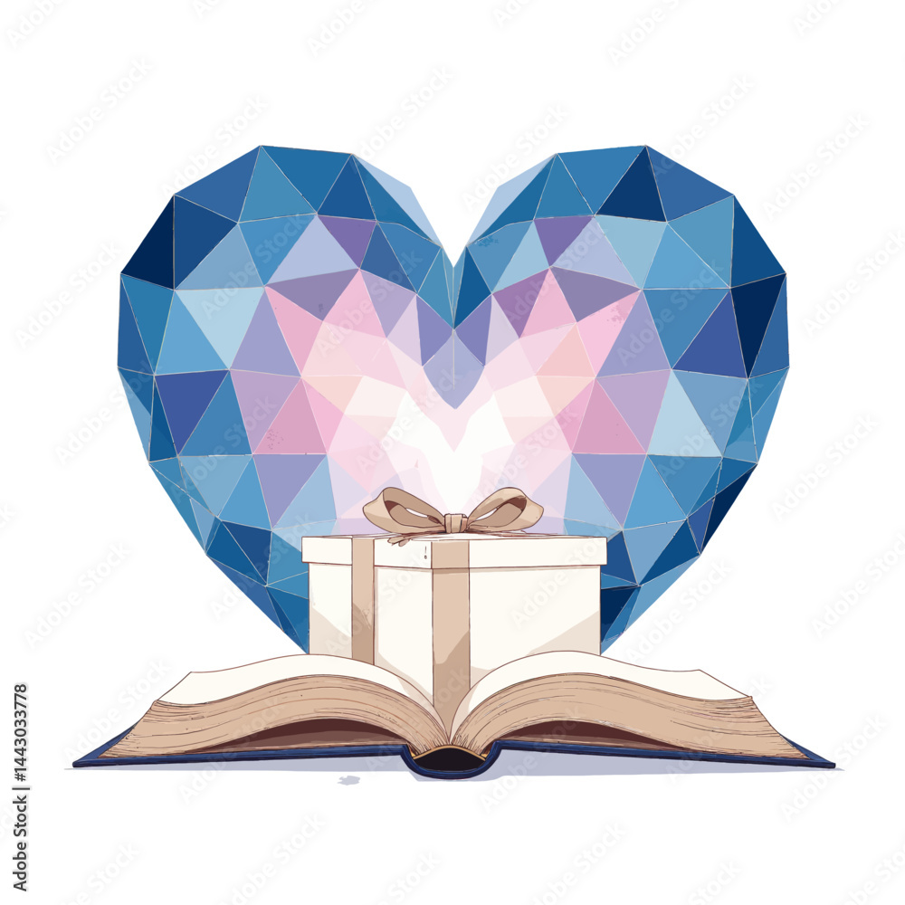 Gift box on open book with geometric heart backdrop