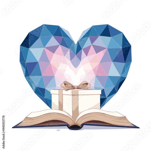 Obraz na płótnie Gift box on open book with geometric heart backdrop w salonie