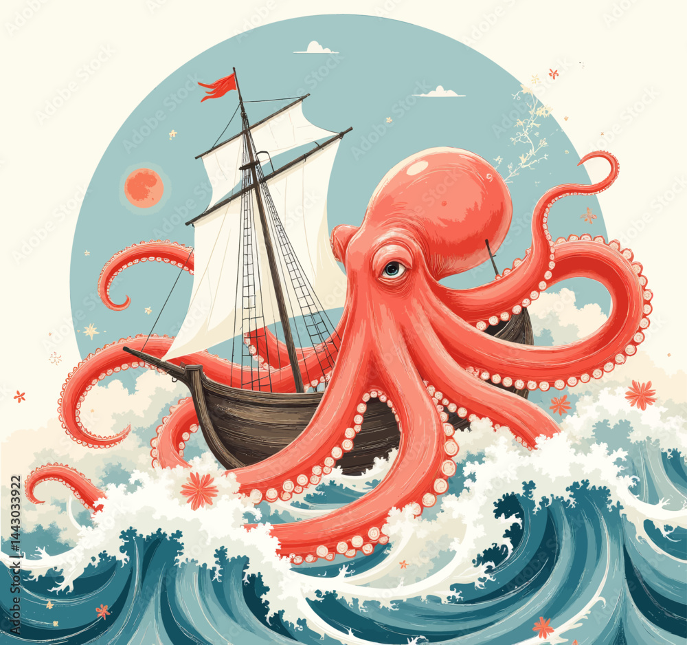 Giant Octopus Sailing Ship in Rough Seas Illustration