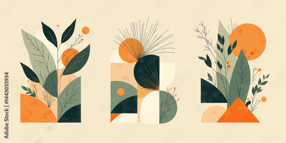 Geometric botanical art with orange accents on beige