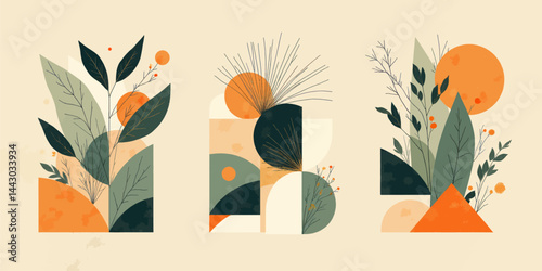 Obraz na płótnie Geometric botanical art with orange accents on beige w salonie